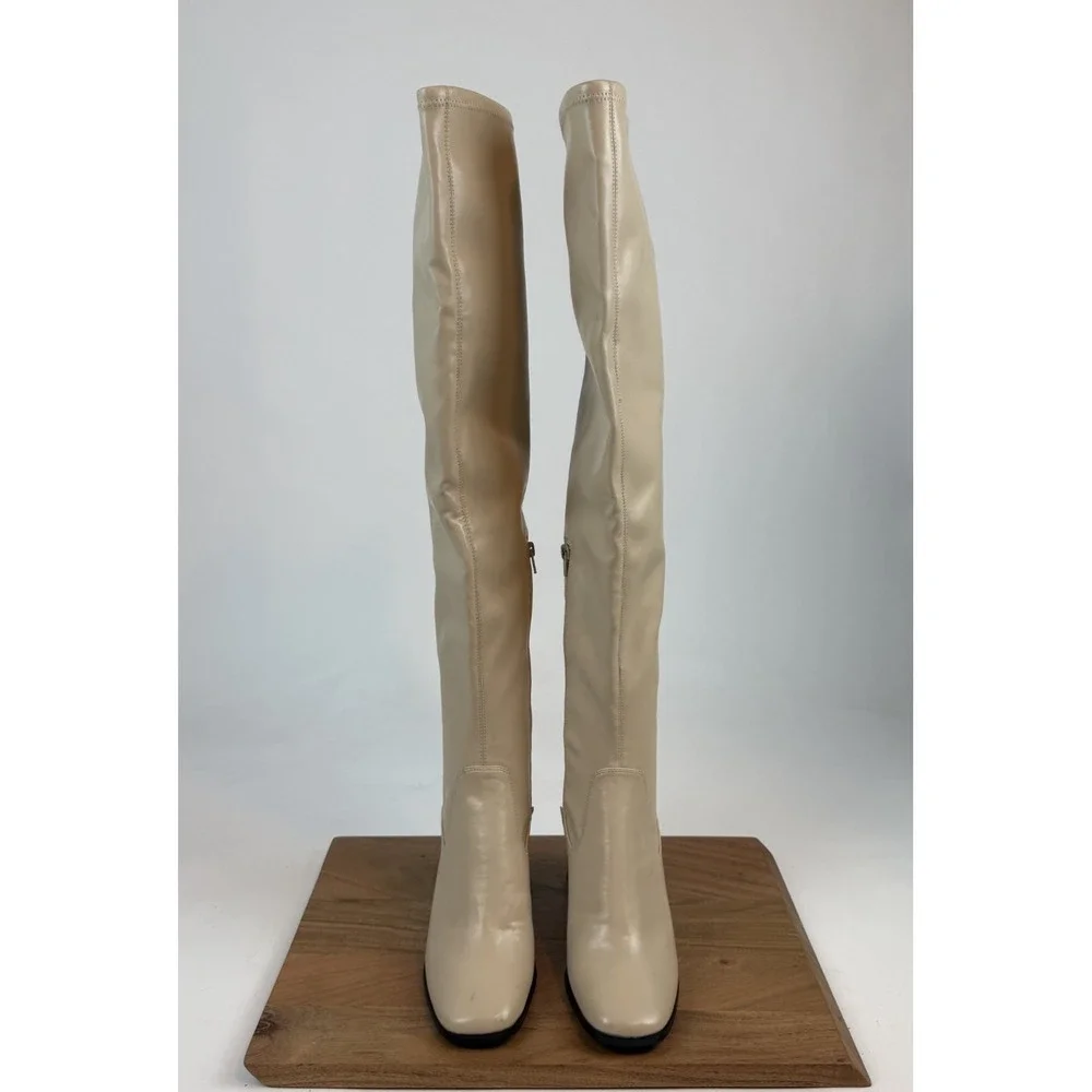 New Womens Open Edit Briar Cream Faux Leather Over The Knee Heeled Boots Size 9‎